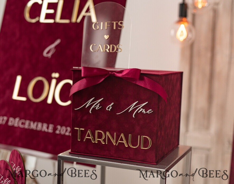 CARD BOXES velvet card boxes burgundy Card Box & arch acrylic sign , Maroon Wedding Card Box with Lid, Marsala Wedding Money Box, Wedding Card Box with slot cards & gift Arch acrylic sign set