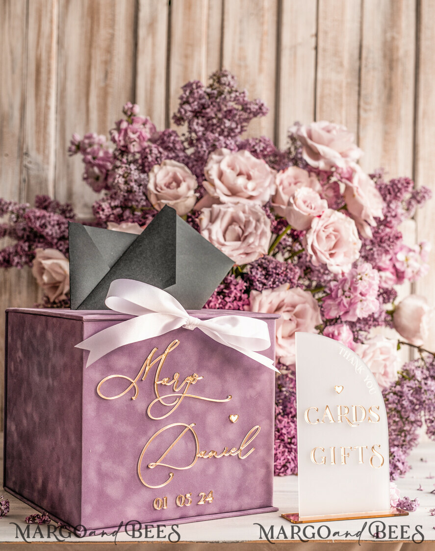 CARD BOXES velvet card boxes Mauve Velvet Gift Card Box & Cards Gifts Sign Set, Velvet Classic wedding wishing well money gift card box, Personalized Gold Box, MvS