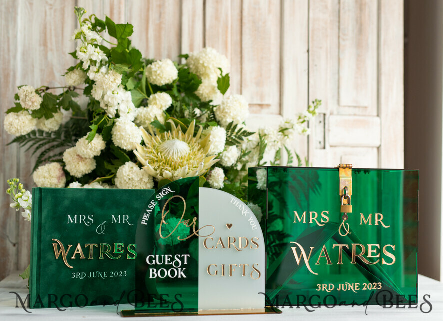 CARD BOXES velvet card boxes Green Acrylic Set Card Box Guestbook & Sign, Wedding Card Box with Lid Instant Instax Guestbook, Emerald Green Wedding Money Box Sign Guestbook Set, Card Box