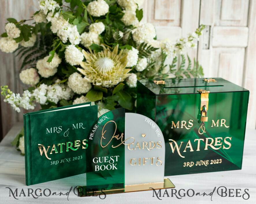 CARD BOXES velvet card boxes Green Acrylic Set Card Box Guestbook & Sign, Wedding Card Box with Lid Instant Instax Guestbook, Emerald Green Wedding Money Box Sign Guestbook Set, Card Box