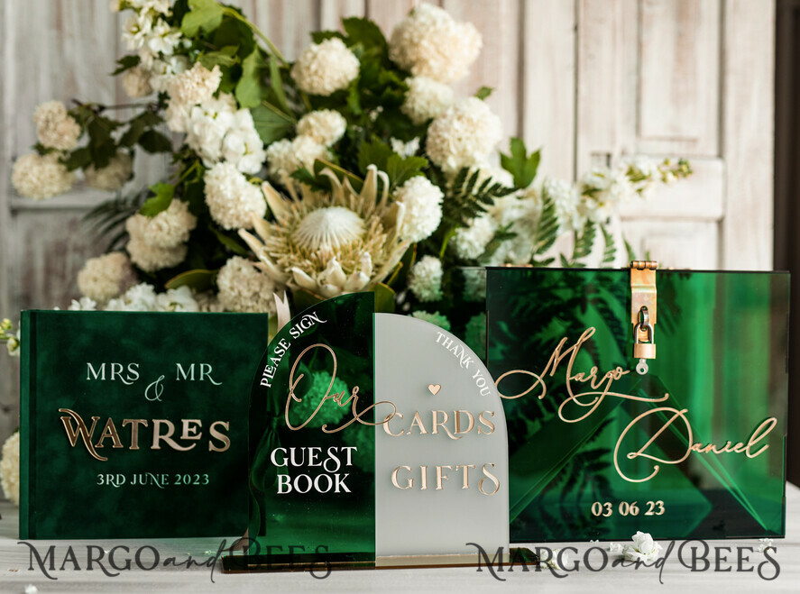 CARD BOXES velvet card boxes Green Acrylic Set Card Box Guestbook & Sign, Wedding Card Box with Lid Instant Instax Guestbook, Emerald Green Wedding Money Box Sign Guestbook Set, Card Box