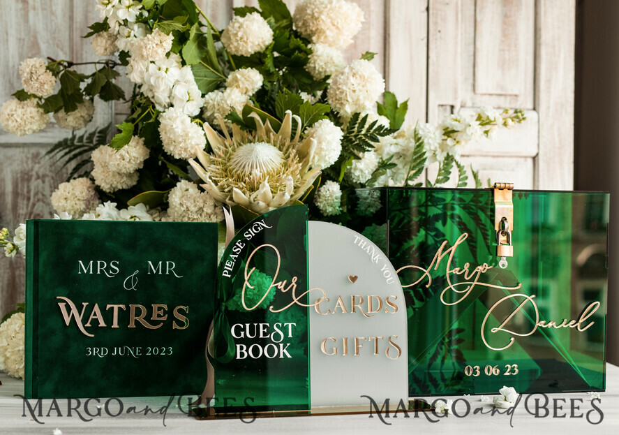CARD BOXES velvet card boxes Green Acrylic Set Card Box Guestbook & Sign, Wedding Card Box with Lid Instant Instax Guestbook, Emerald Green Wedding Money Box Sign Guestbook Set, Card Box