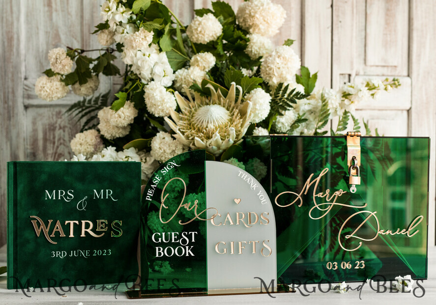 CARD BOXES velvet card boxes Green Acrylic Set Card Box Guestbook & Sign, Wedding Card Box with Lid Instant Instax Guestbook, Emerald Green Wedding Money Box Sign Guestbook Set, Card Box