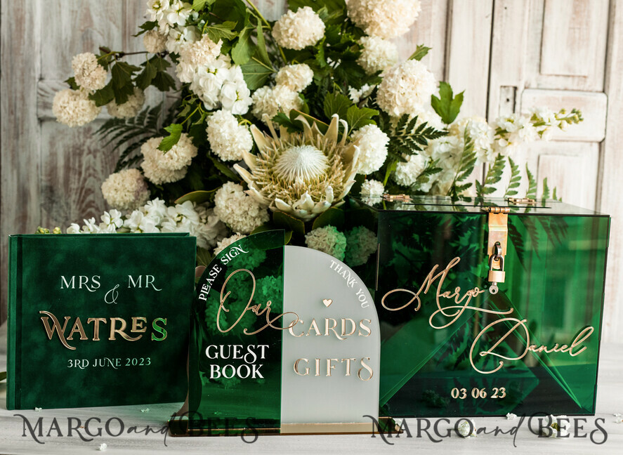 CARD BOXES velvet card boxes Green Acrylic Set Card Box Guestbook & Sign, Wedding Card Box with Lid Instant Instax Guestbook, Emerald Green Wedding Money Box Sign Guestbook Set, Card Box