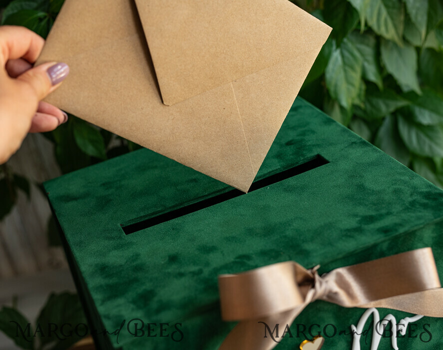 CARD BOXES velvet card boxes Gift Card Box, Velvet Green wedding wishing well money gift card box, Personalized Wedding Card Box, Luxury Greenery Card Box, Wedding Green and Gold Card Box with Lid, Wedding Money Box, Emerald Green Wedding Card Box