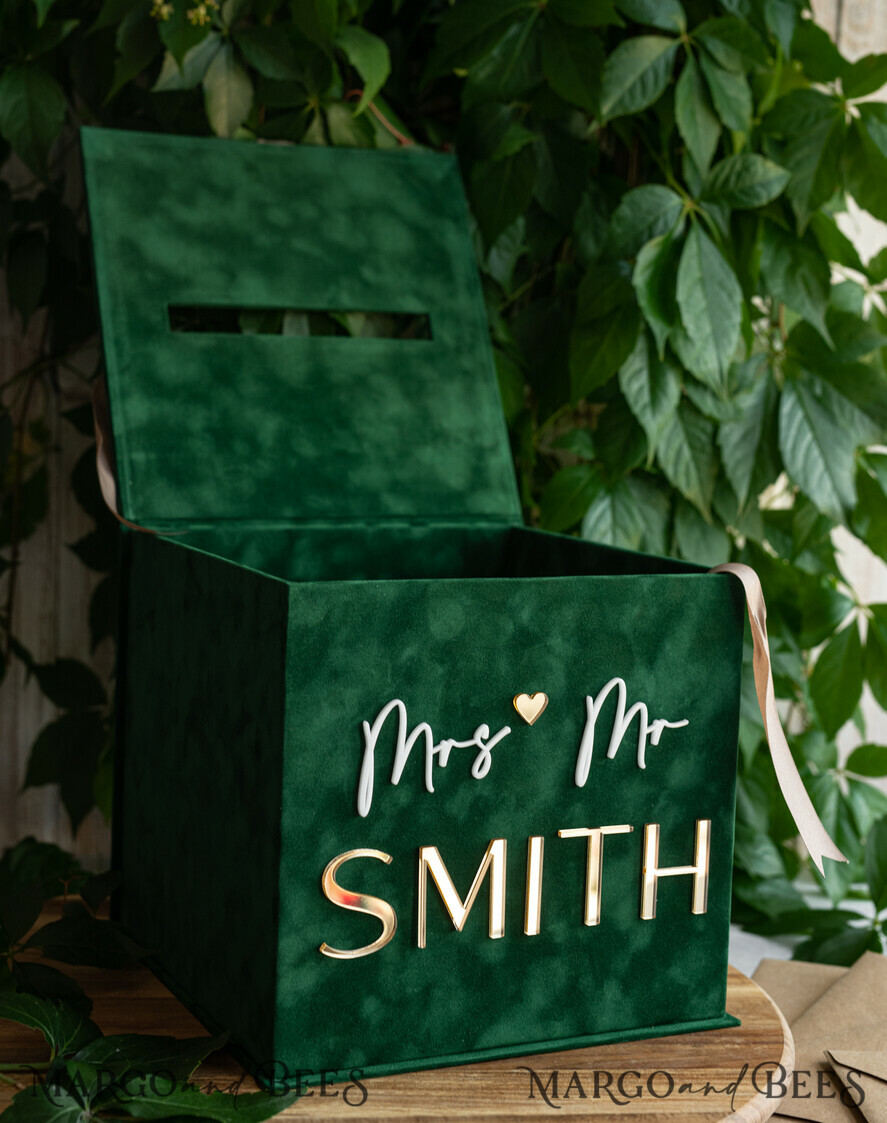 CARD BOXES velvet card boxes Gift Card Box, Velvet Green wedding wishing well money gift card box, Personalized Wedding Card Box, Luxury Greenery Card Box, Wedding Green and Gold Card Box with Lid, Wedding Money Box, Emerald Green Wedding Card Box