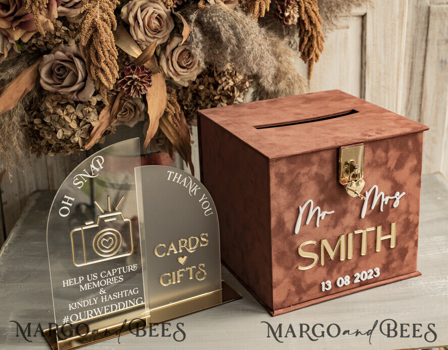 CARD BOXES velvet card boxes terracotta gold Velvet Set Card Box with lock & Polaroid Guestbook & Cards gifts Sign instax instruction sign combo and pens set, fall Wedding Card Box with Lid Instant Instax Guestbook Wedding Money Box Sing Guestbook Set
