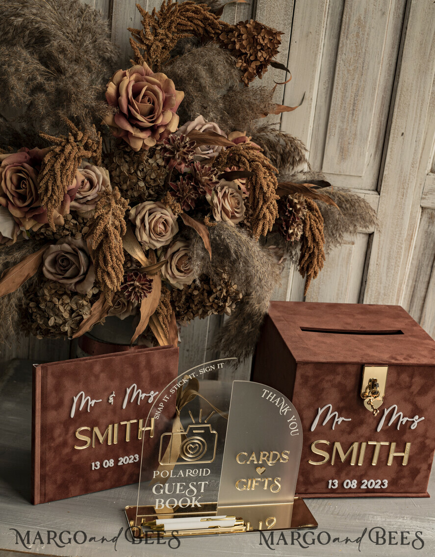 CARD BOXES velvet card boxes terracotta gold Velvet Set Card Box with lock & Polaroid Guestbook & Cards gifts Sign instax instruction sign combo and pens set, fall Wedding Card Box with Lid Instant Instax Guestbook Wedding Money Box Sing Guestbook Set