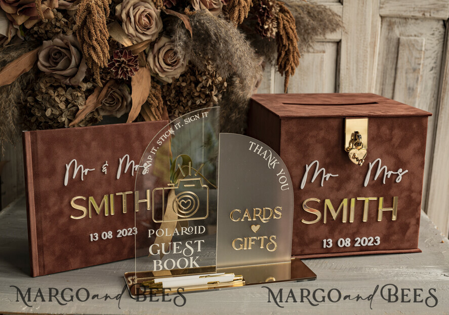 CARD BOXES velvet card boxes terracotta gold Velvet Set Card Box with lock & Polaroid Guestbook & Cards gifts Sign instax instruction sign combo and pens set, fall Wedding Card Box with Lid Instant Instax Guestbook Wedding Money Box Sing Guestbook Set