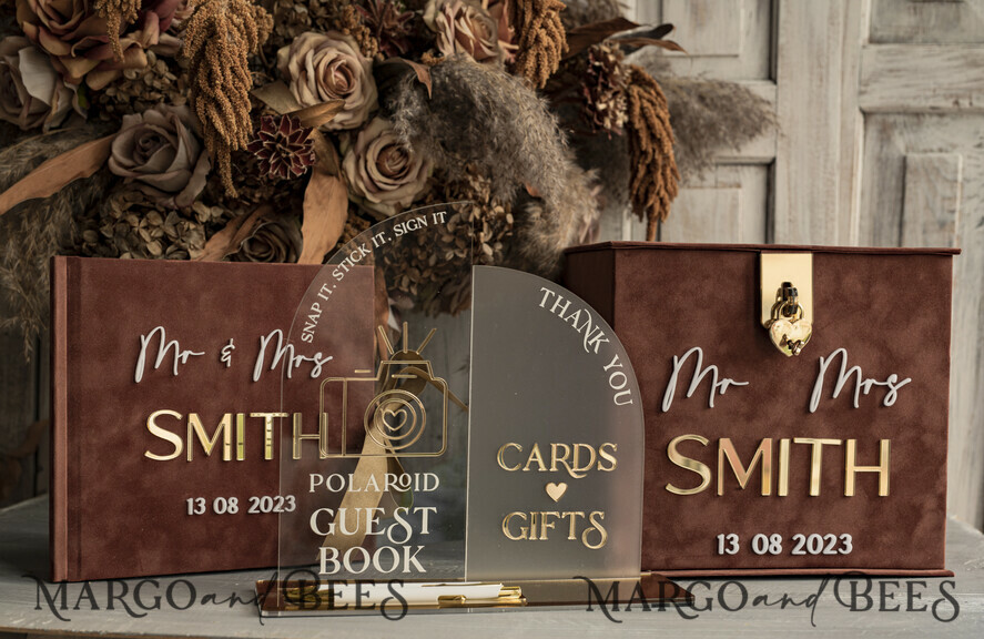 CARD BOXES velvet card boxes terracotta gold Velvet Set Card Box with lock & Polaroid Guestbook & Cards gifts Sign instax instruction sign combo and pens set, fall Wedding Card Box with Lid Instant Instax Guestbook Wedding Money Box Sing Guestbook Set