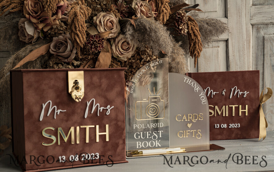 CARD BOXES velvet card boxes terracotta gold Velvet Set Card Box with lock & Polaroid Guestbook & Cards gifts Sign instax instruction sign combo and pens set, fall Wedding Card Box with Lid Instant Instax Guestbook Wedding Money Box Sing Guestbook Set
