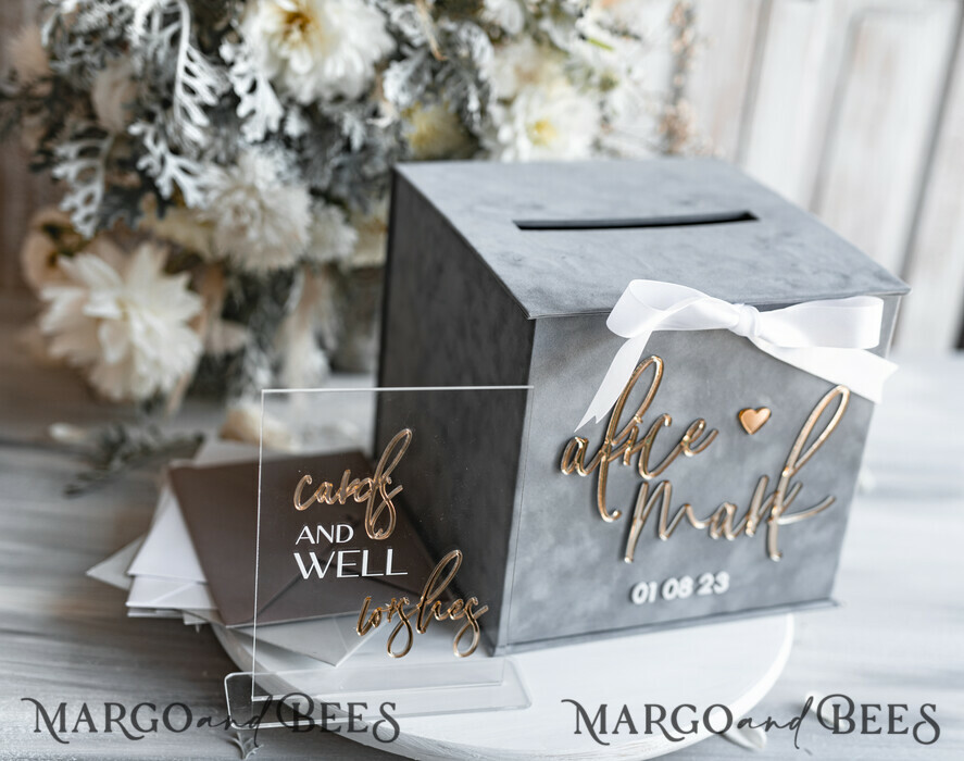 CARD BOXES velvet card boxes Gift Card Box & Sign Set, Velvet grey wedding wishing well money gift card box, Personalized Wedding Card Box, Grey Luxury Card Box, Wedding Card Box with Lid, Grey Wedding Money Box, Wedding Card Box
