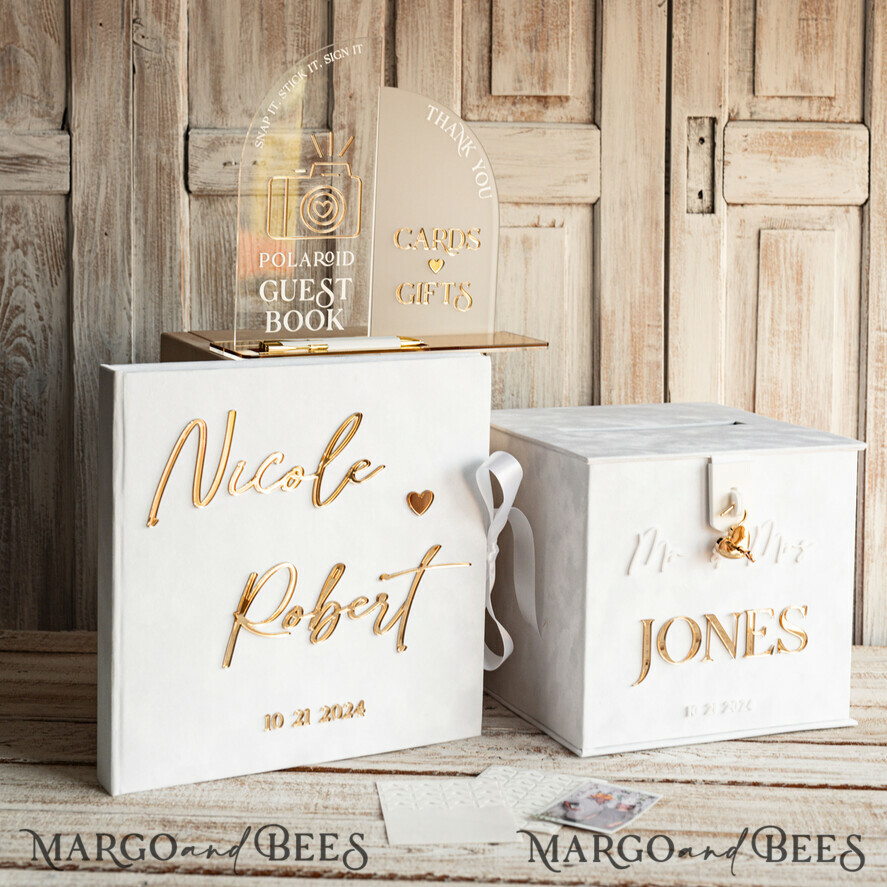 CARD BOXES velvet card boxes White gold Velvet Set Card Box with lock & Polaroid Guestbook & Cards gifts Sign and instax instruction sign combo and pens set, Wedding Card Box with Lid Instant Instax Guestbook Wedding Money Box Sing Guestbook Set