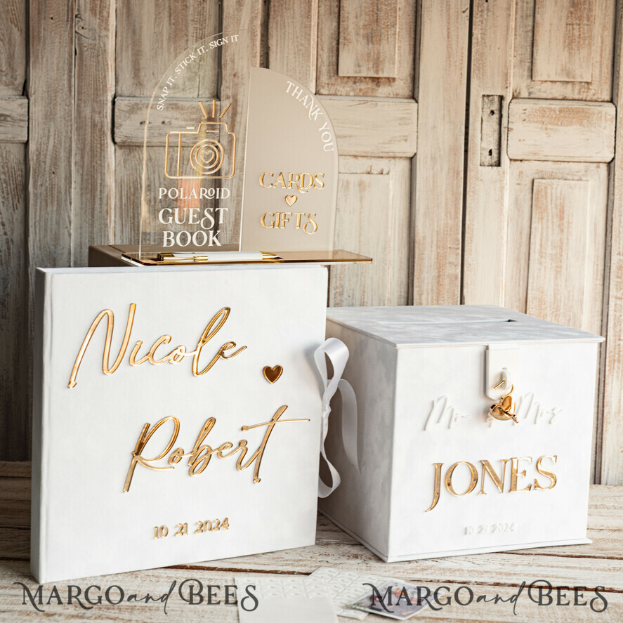 CARD BOXES velvet card boxes White gold Velvet Set Card Box with lock & Polaroid Guestbook & Cards gifts Sign and instax instruction sign combo and pens set, Wedding Card Box with Lid Instant Instax Guestbook Wedding Money Box Sing Guestbook Set