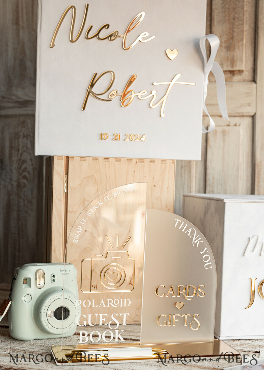 CARD BOXES velvet card boxes White gold Velvet Set Card Box with lock & Polaroid Guestbook & Cards gifts Sign and instax instruction sign combo and pens set, Wedding Card Box with Lid Instant Instax Guestbook Wedding Money Box Sing Guestbook Set