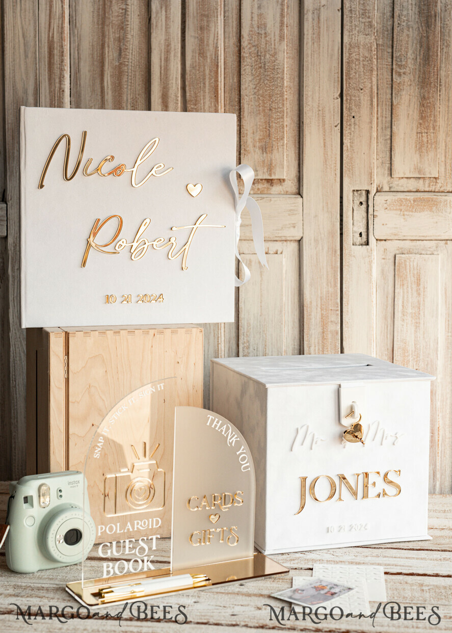 CARD BOXES velvet card boxes White gold Velvet Set Card Box with lock & Polaroid Guestbook & Cards gifts Sign and instax instruction sign combo and pens set, Wedding Card Box with Lid Instant Instax Guestbook Wedding Money Box Sing Guestbook Set