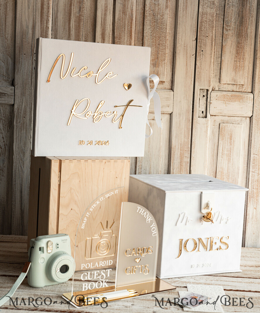 CARD BOXES velvet card boxes White gold Velvet Set Card Box with lock & Polaroid Guestbook & Cards gifts Sign and instax instruction sign combo and pens set, Wedding Card Box with Lid Instant Instax Guestbook Wedding Money Box Sing Guestbook Set