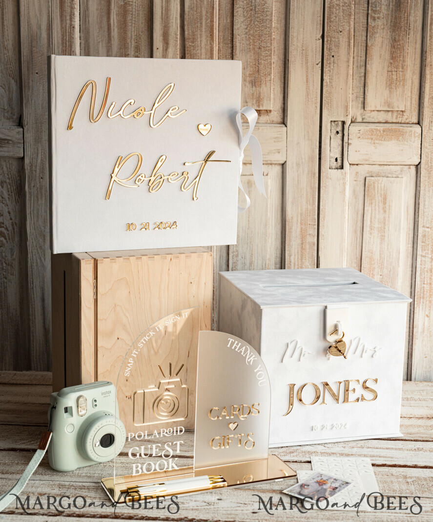 CARD BOXES velvet card boxes White gold Velvet Set Card Box with lock & Polaroid Guestbook & Cards gifts Sign and instax instruction sign combo and pens set, Wedding Card Box with Lid Instant Instax Guestbook Wedding Money Box Sing Guestbook Set