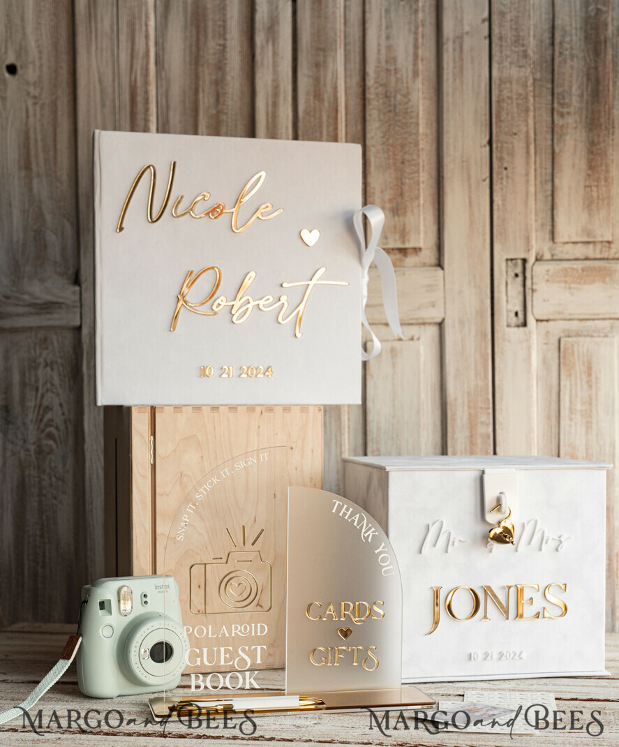 CARD BOXES velvet card boxes White gold Velvet Set Card Box with lock & Polaroid Guestbook & Cards gifts Sign and instax instruction sign combo and pens set, Wedding Card Box with Lid Instant Instax Guestbook Wedding Money Box Sing Guestbook Set
