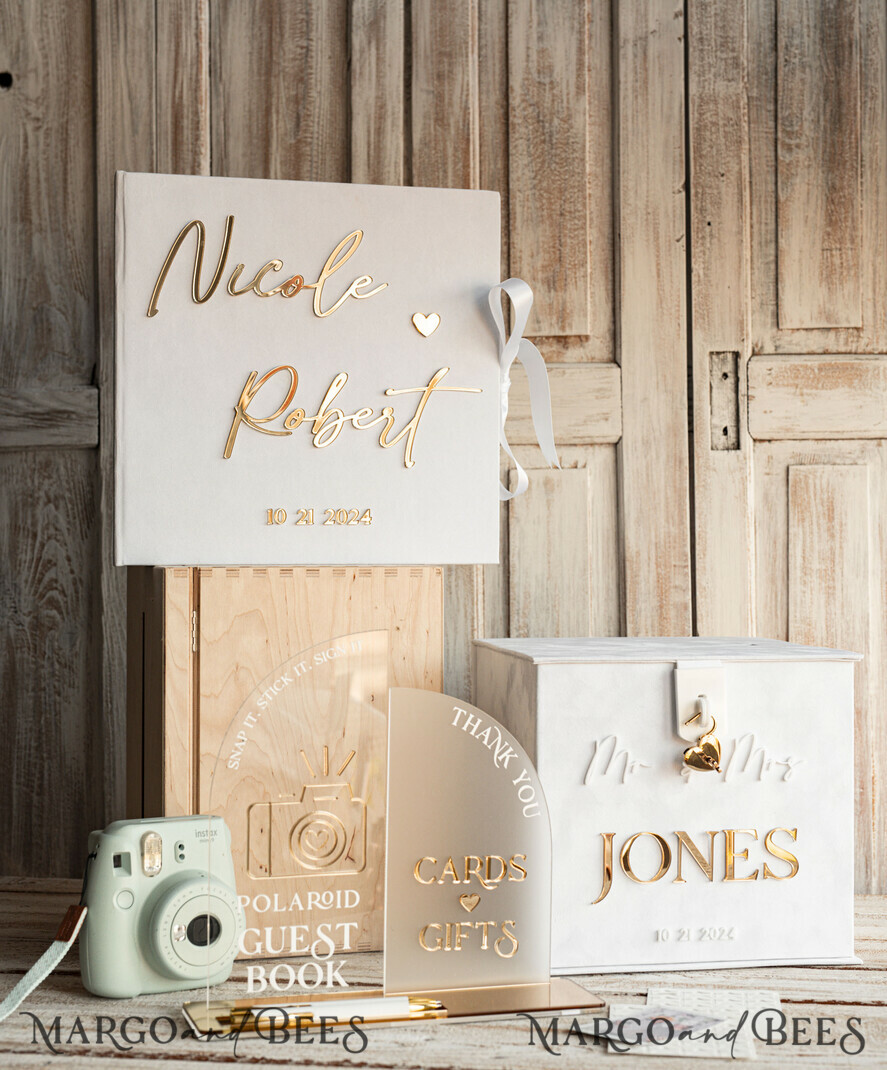 CARD BOXES velvet card boxes White gold Velvet Set Card Box with lock & Polaroid Guestbook & Cards gifts Sign and instax instruction sign combo and pens set, Wedding Card Box with Lid Instant Instax Guestbook Wedding Money Box Sing Guestbook Set