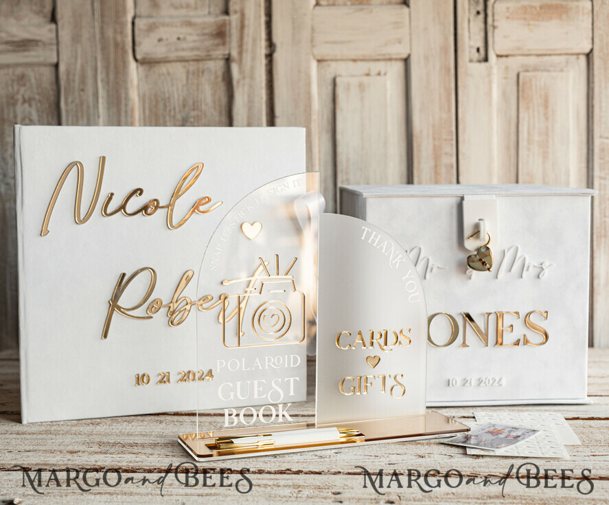 CARD BOXES velvet card boxes White gold Velvet Set Card Box with lock & Polaroid Guestbook & Cards gifts Sign and instax instruction sign combo and pens set, Wedding Card Box with Lid Instant Instax Guestbook Wedding Money Box Sing Guestbook Set