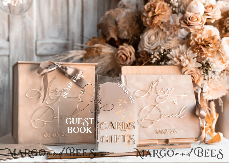 CARD BOXES velvet card boxes Velvet Set Card Box Guestbook & Sign, Wedding Card Box with Lid Instant Instax Guestbook, Beige Wedding Money Box Sing Guestbook Set, Nude Card Box with slot and cards and gift Arch acrylic sign set