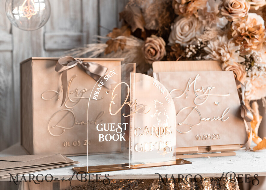 CARD BOXES velvet card boxes Velvet Set Card Box Guestbook & Sign, Wedding Card Box with Lid Instant Instax Guestbook, Beige Wedding Money Box Sing Guestbook Set, Nude Card Box with slot and cards and gift Arch acrylic sign set