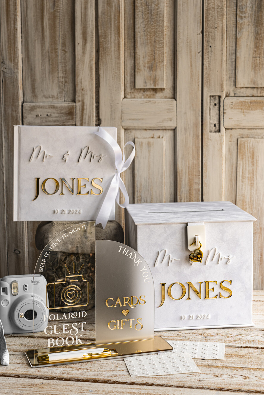 CARD BOXES velvet card boxes White gold Velvet Set Card Box with lock & Polaroid Guestbook & Cards gifts Sign and instax instruction sign combo and pens set, Wedding Card Box with Lid Instant Instax Guestbook Wedding Money Box Sing Guestbook Set