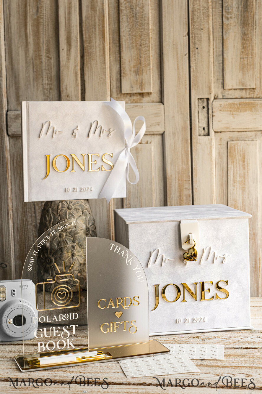 CARD BOXES velvet card boxes White gold Velvet Set Card Box with lock & Polaroid Guestbook & Cards gifts Sign and instax instruction sign combo and pens set, Wedding Card Box with Lid Instant Instax Guestbook Wedding Money Box Sing Guestbook Set