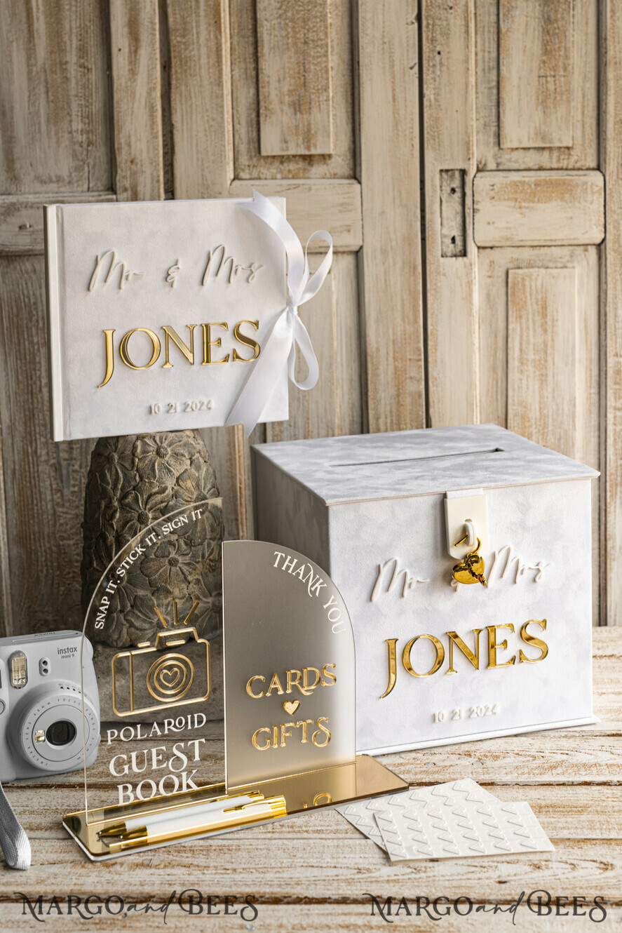 CARD BOXES velvet card boxes White gold Velvet Set Card Box with lock & Polaroid Guestbook & Cards gifts Sign and instax instruction sign combo and pens set, Wedding Card Box with Lid Instant Instax Guestbook Wedding Money Box Sing Guestbook Set
