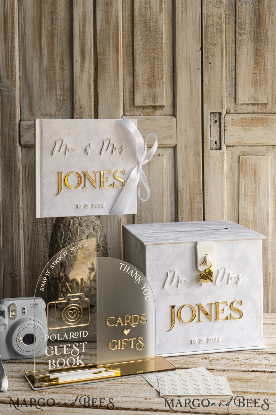 CARD BOXES velvet card boxes White gold Velvet Set Card Box with lock & Polaroid Guestbook & Cards gifts Sign and instax instruction sign combo and pens set, Wedding Card Box with Lid Instant Instax Guestbook Wedding Money Box Sing Guestbook Set