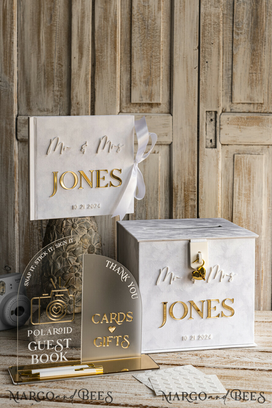 CARD BOXES velvet card boxes White gold Velvet Set Card Box with lock & Polaroid Guestbook & Cards gifts Sign and instax instruction sign combo and pens set, Wedding Card Box with Lid Instant Instax Guestbook Wedding Money Box Sing Guestbook Set