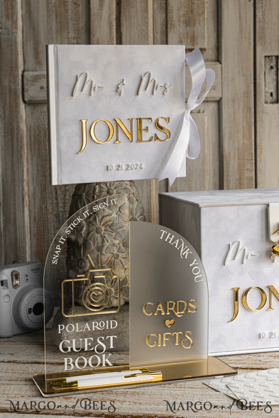 CARD BOXES velvet card boxes White gold Velvet Set Card Box with lock & Polaroid Guestbook & Cards gifts Sign and instax instruction sign combo and pens set, Wedding Card Box with Lid Instant Instax Guestbook Wedding Money Box Sing Guestbook Set