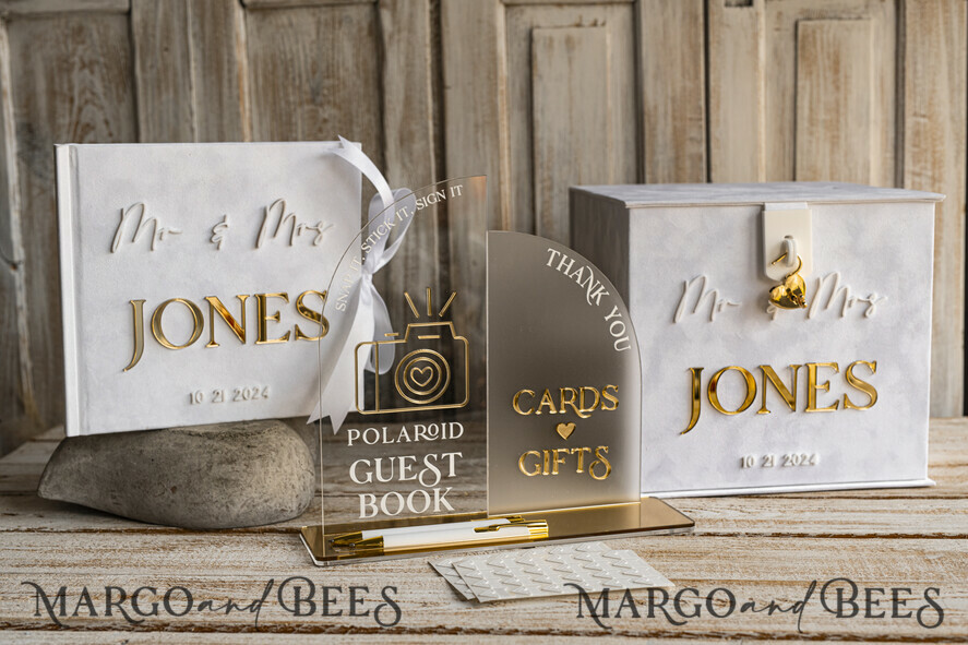 CARD BOXES velvet card boxes White gold Velvet Set Card Box with lock & Polaroid Guestbook & Cards gifts Sign and instax instruction sign combo and pens set, Wedding Card Box with Lid Instant Instax Guestbook Wedding Money Box Sing Guestbook Set