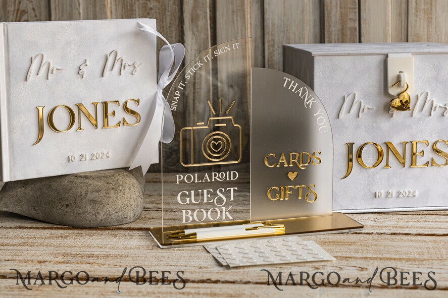 CARD BOXES velvet card boxes White gold Velvet Set Card Box with lock & Polaroid Guestbook & Cards gifts Sign and instax instruction sign combo and pens set, Wedding Card Box with Lid Instant Instax Guestbook Wedding Money Box Sing Guestbook Set