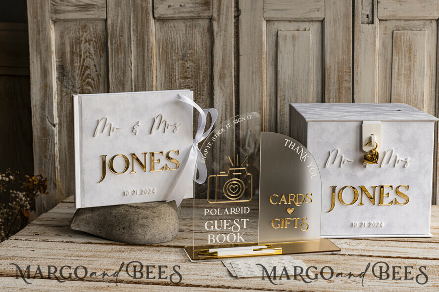 CARD BOXES velvet card boxes White gold Velvet Set Card Box with lock & Polaroid Guestbook & Cards gifts Sign and instax instruction sign combo and pens set, Wedding Card Box with Lid Instant Instax Guestbook Wedding Money Box Sing Guestbook Set