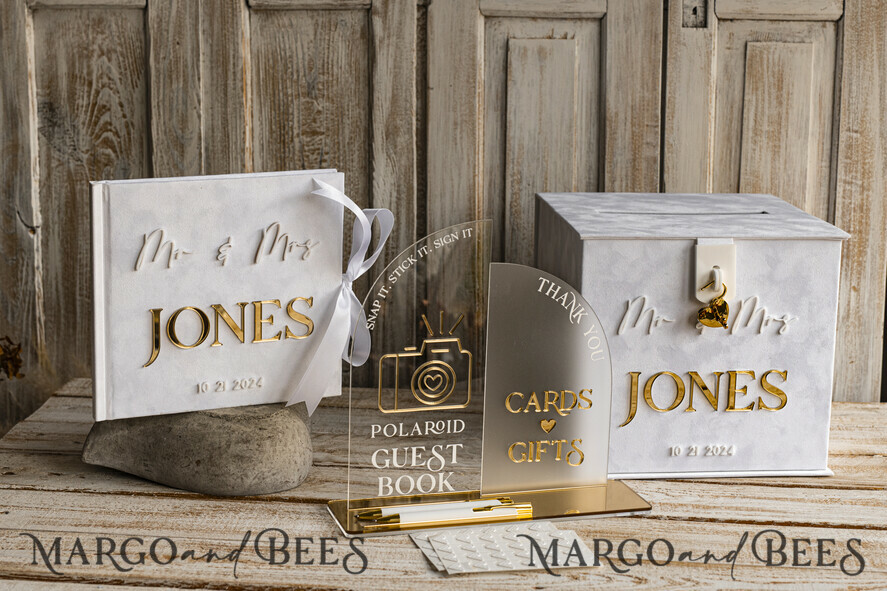 CARD BOXES velvet card boxes White gold Velvet Set Card Box with lock & Polaroid Guestbook & Cards gifts Sign and instax instruction sign combo and pens set, Wedding Card Box with Lid Instant Instax Guestbook Wedding Money Box Sing Guestbook Set