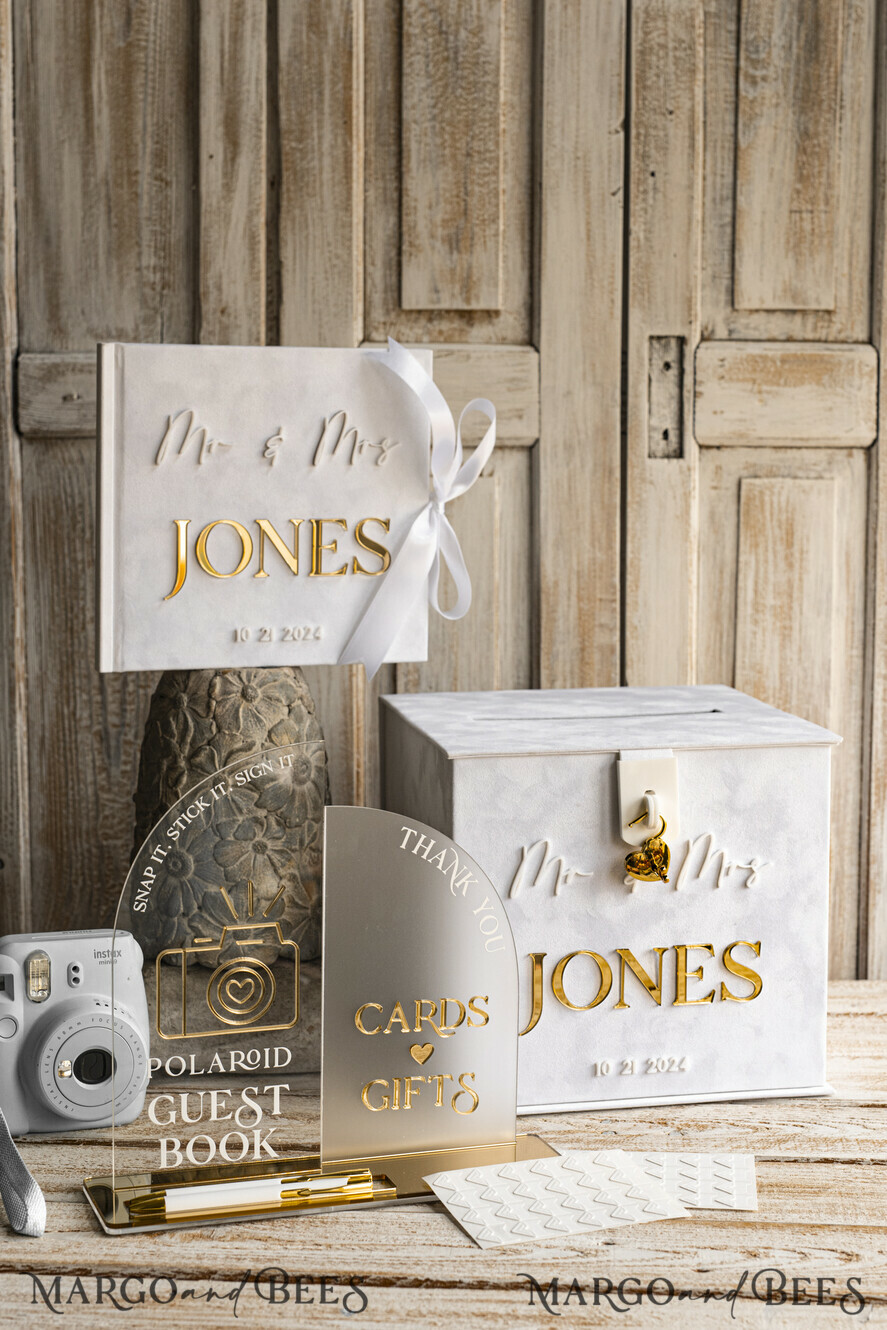 CARD BOXES velvet card boxes White gold Velvet Set Card Box with lock & Polaroid Guestbook & Cards gifts Sign and instax instruction sign combo and pens set, Wedding Card Box with Lid Instant Instax Guestbook Wedding Money Box Sing Guestbook Set