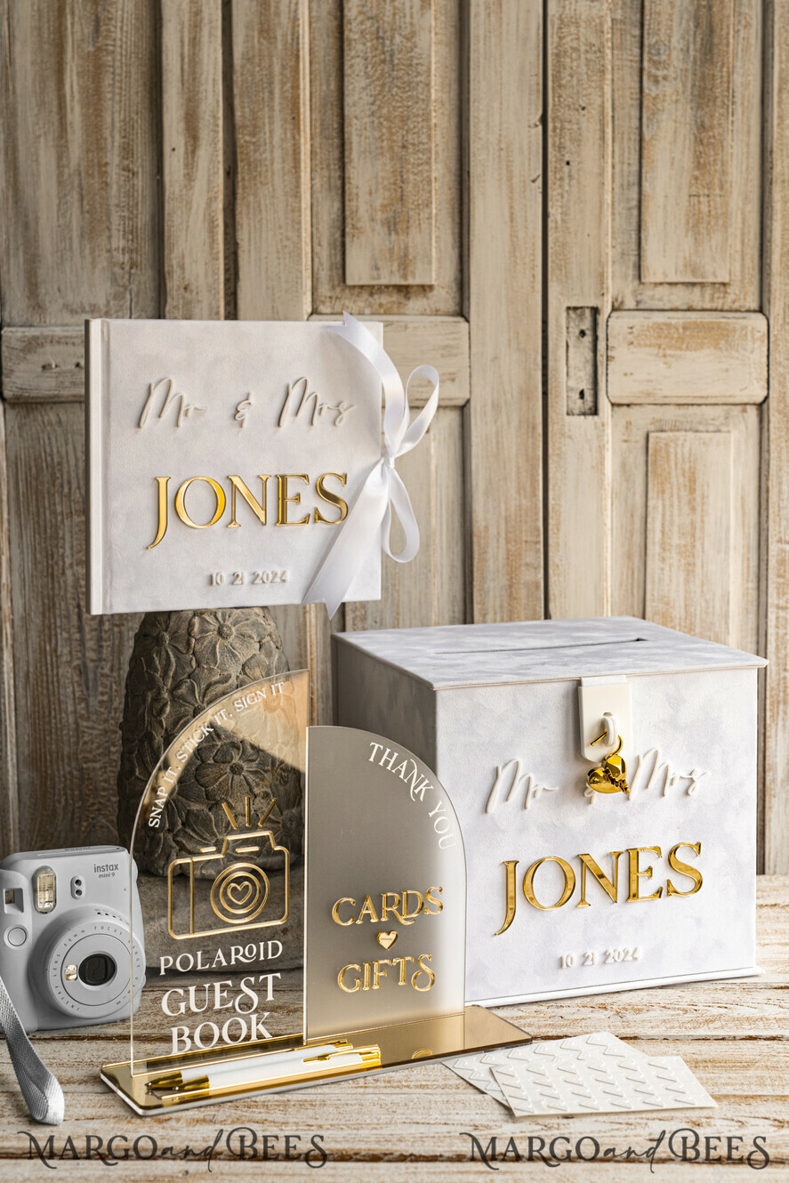CARD BOXES velvet card boxes White gold Velvet Set Card Box with lock & Polaroid Guestbook & Cards gifts Sign and instax instruction sign combo and pens set, Wedding Card Box with Lid Instant Instax Guestbook Wedding Money Box Sing Guestbook Set