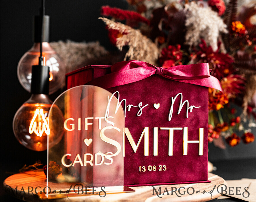CARD BOXES velvet card boxes burgundy Card Box & arch acrylic sign , Maroon Wedding Card Box with Lid, Marsala Wedding Money Box, Wedding Card Box with slot cards & gift Arch acrylic sign set