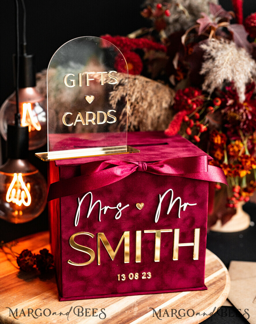 CARD BOXES velvet card boxes burgundy Card Box & arch acrylic sign , Maroon Wedding Card Box with Lid, Marsala Wedding Money Box, Wedding Card Box with slot cards & gift Arch acrylic sign set