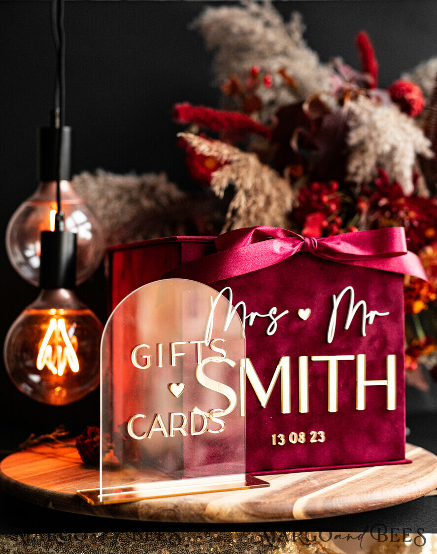 CARD BOXES velvet card boxes burgundy Card Box & arch acrylic sign , Maroon Wedding Card Box with Lid, Marsala Wedding Money Box, Wedding Card Box with slot cards & gift Arch acrylic sign set