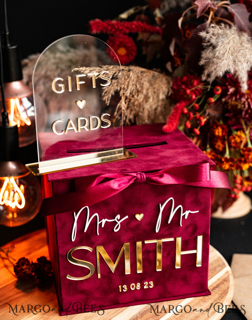 CARD BOXES velvet card boxes burgundy Card Box & arch acrylic sign , Maroon Wedding Card Box with Lid, Marsala Wedding Money Box, Wedding Card Box with slot cards & gift Arch acrylic sign set