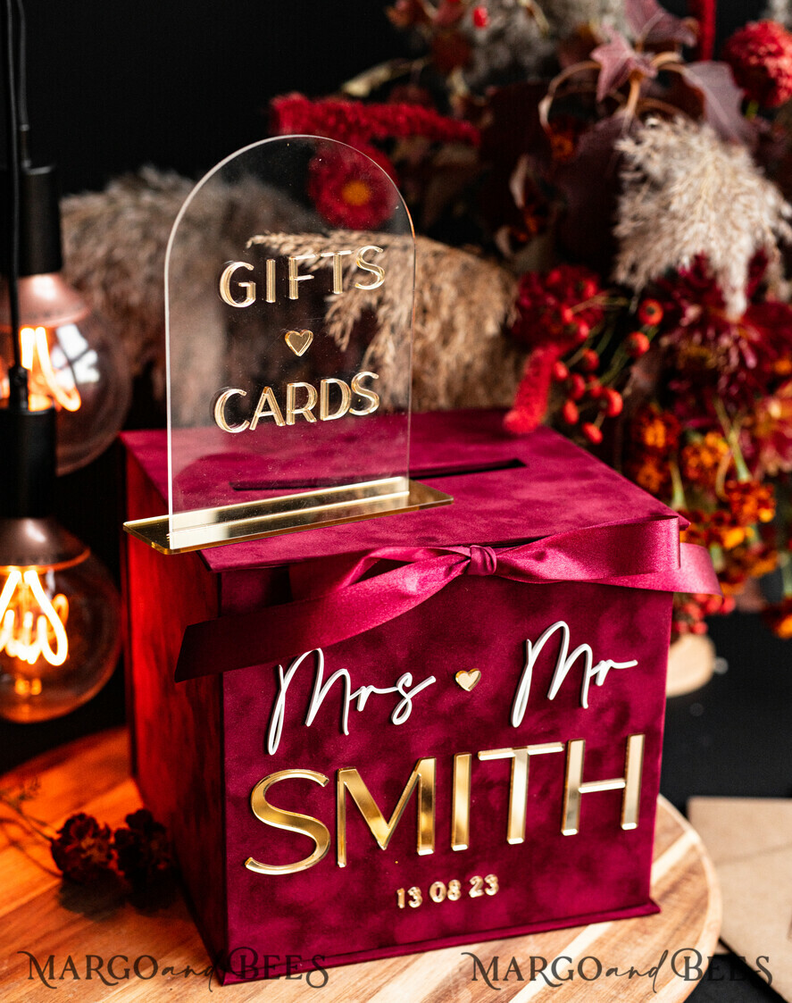 CARD BOXES velvet card boxes burgundy Card Box & arch acrylic sign , Maroon Wedding Card Box with Lid, Marsala Wedding Money Box, Wedding Card Box with slot cards & gift Arch acrylic sign set