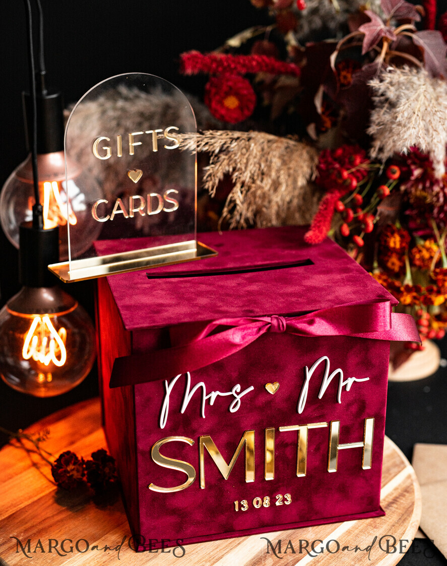 CARD BOXES velvet card boxes burgundy Card Box & arch acrylic sign , Maroon Wedding Card Box with Lid, Marsala Wedding Money Box, Wedding Card Box with slot cards & gift Arch acrylic sign set