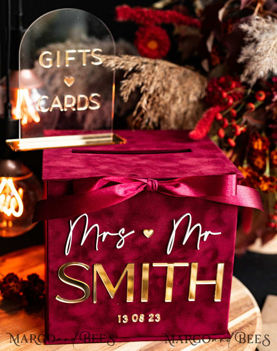 CARD BOXES velvet card boxes burgundy Card Box & arch acrylic sign , Maroon Wedding Card Box with Lid, Marsala Wedding Money Box, Wedding Card Box with slot cards & gift Arch acrylic sign set