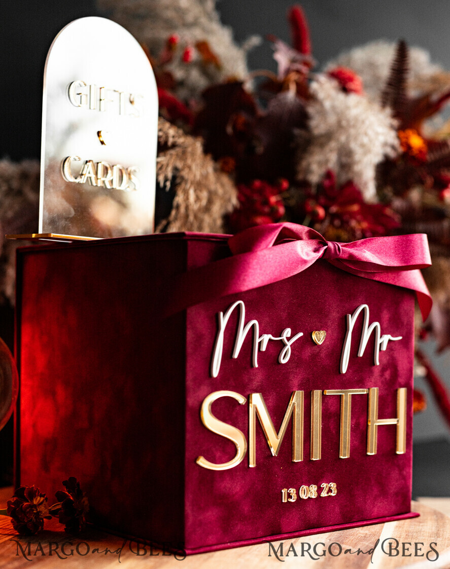 CARD BOXES velvet card boxes burgundy Card Box & arch acrylic sign , Maroon Wedding Card Box with Lid, Marsala Wedding Money Box, Wedding Card Box with slot cards & gift Arch acrylic sign set