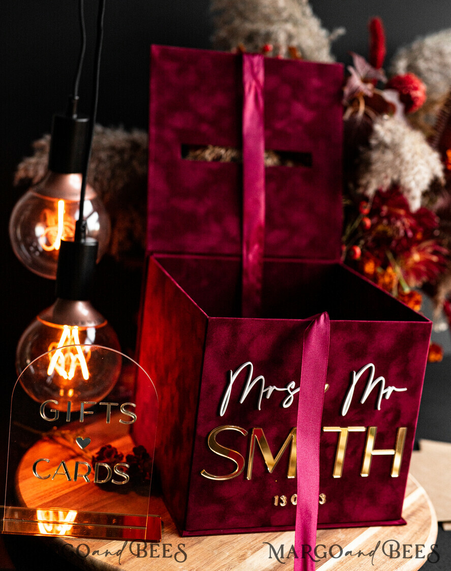 CARD BOXES velvet card boxes burgundy Card Box & arch acrylic sign , Maroon Wedding Card Box with Lid, Marsala Wedding Money Box, Wedding Card Box with slot cards & gift Arch acrylic sign set