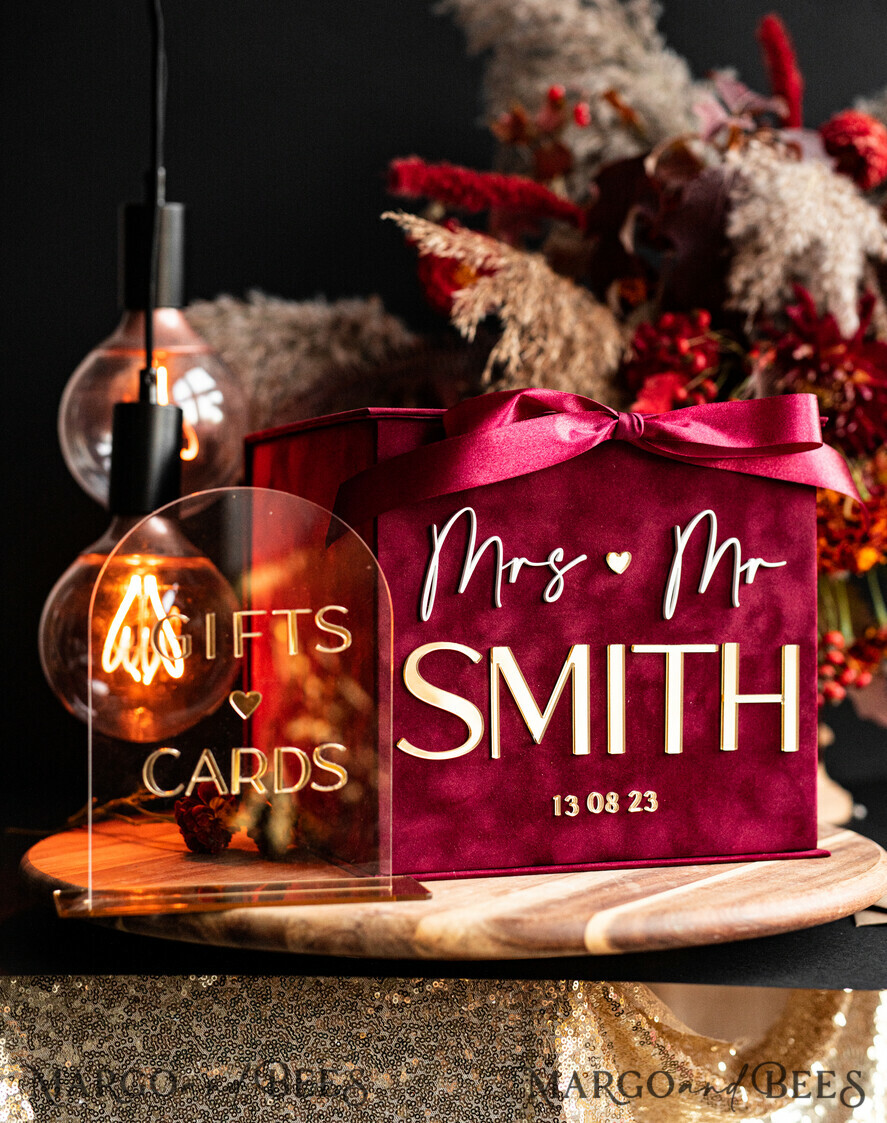 CARD BOXES velvet card boxes burgundy Card Box & arch acrylic sign , Maroon Wedding Card Box with Lid, Marsala Wedding Money Box, Wedding Card Box with slot cards & gift Arch acrylic sign set