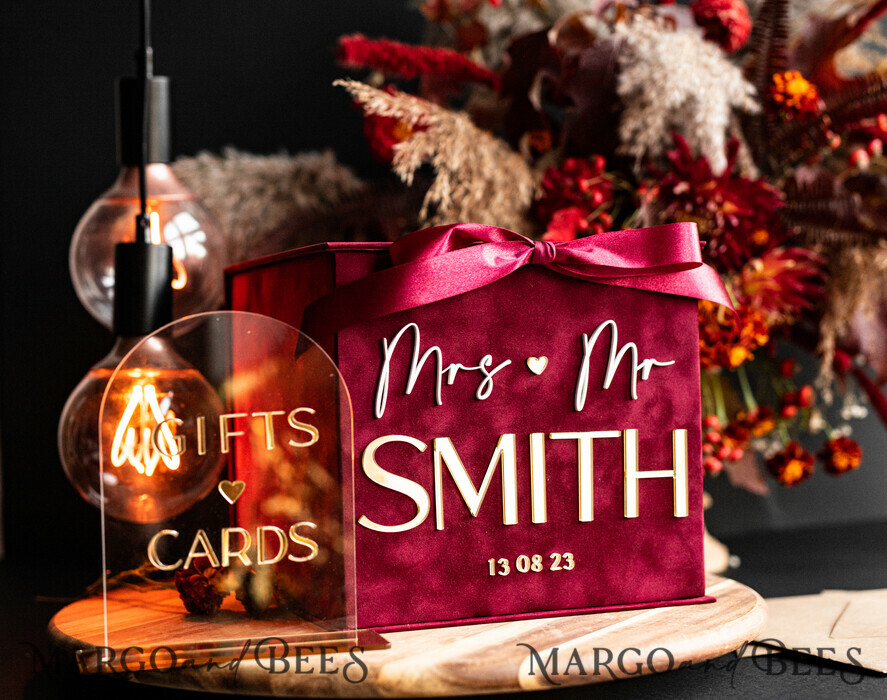 CARD BOXES velvet card boxes burgundy Card Box & arch acrylic sign , Maroon Wedding Card Box with Lid, Marsala Wedding Money Box, Wedding Card Box with slot cards & gift Arch acrylic sign set